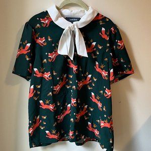 Modcloth Blouse with Peter Pan Collar and Cute Fox Print | Women's Size Large